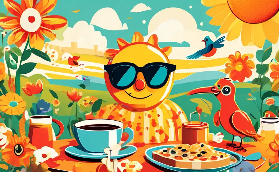 A sun wearing sunglasses and sipping coffee, surrounded by breakfast foods with smiling faces, set against a bright morning landscape featuring flowers and birds, all depicted in a cheerful, cartoonis