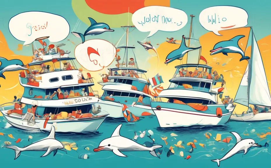 A whimsical image of a group of cartoon yachts on a sunny ocean, each with a speech bubble containing a punny phrase, surrounded by laughing dolphins and seagulls wearing sailor hats.