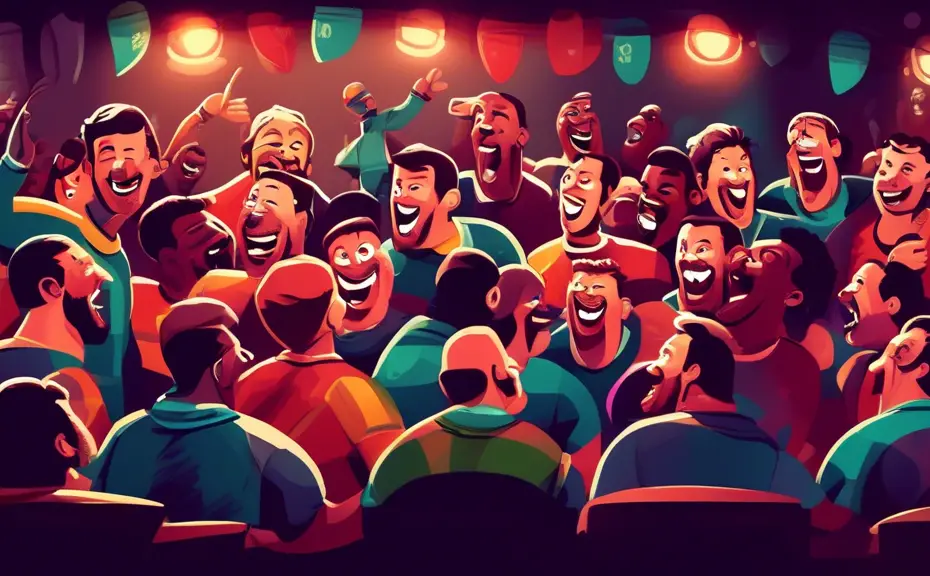 An illustrated group of rugby balls enjoying a comedy show, each with a face and laughing, in a cozy club setting with a microphone on stage, surrounded by a dimly lit audience of sports equipment.