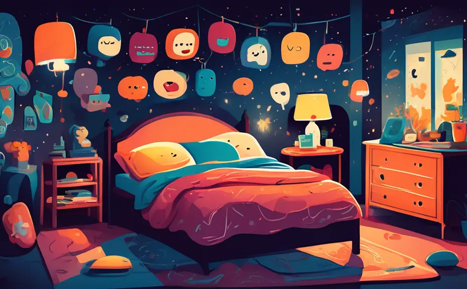 Create an illustration of a cozy bedroom scene at night, with beds and pillows having cartoon faces, engaging in playful dialogue through speech bubbles filled with puns. The room is warmly lit, with