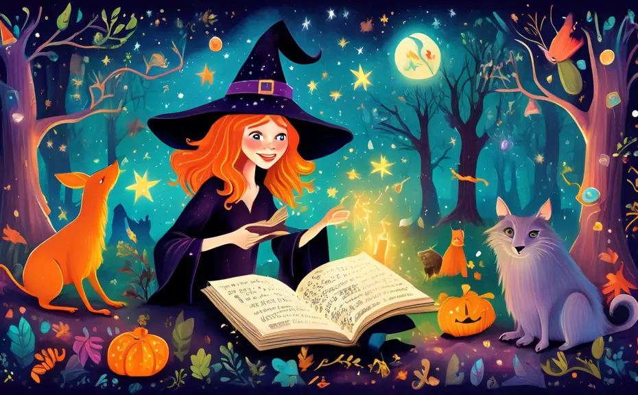 A whimsical scene of a friendly witch in a vibrant, enchanted forest, surrounded by magical creatures, each holding a spell book with humorous puns on the pages, under a sparkling, starry sky.