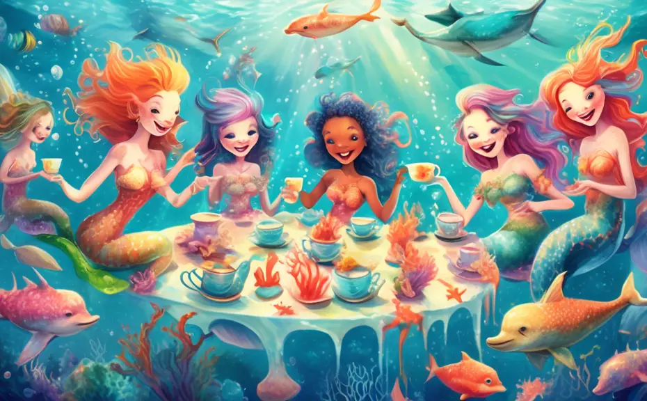 A whimsical underwater scene featuring a group of jovial mermaids and mermen having a tea party, each character playfully splashing water while telling jokes, surrounded by colorful coral, playful dol