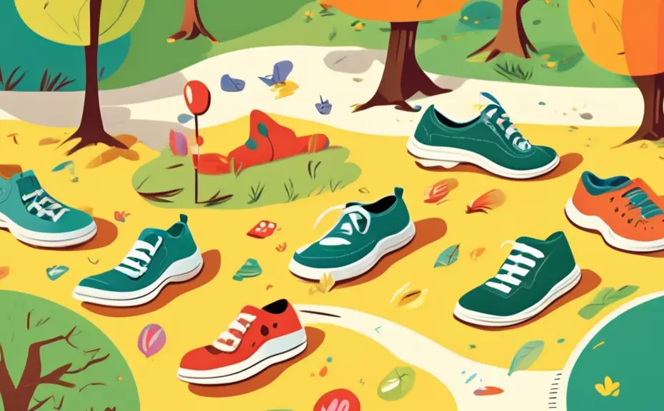 An animated scene of various walking trails depicted with cartoonish footwear, each shoe is smiling and telling jokes to each other in speech bubbles, surrounded by a cheerful, sunny park environment.