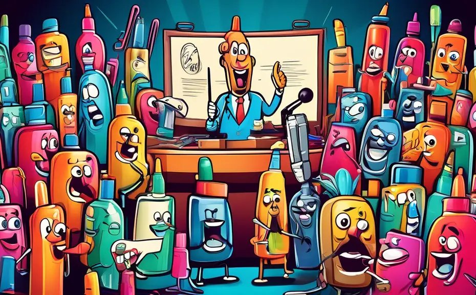 Create an image of a comedy club stage with anthropomorphic glue bottles as stand-up comedians, each holding a microphone, in front of an audience of various stationery items (like paper clips, staple