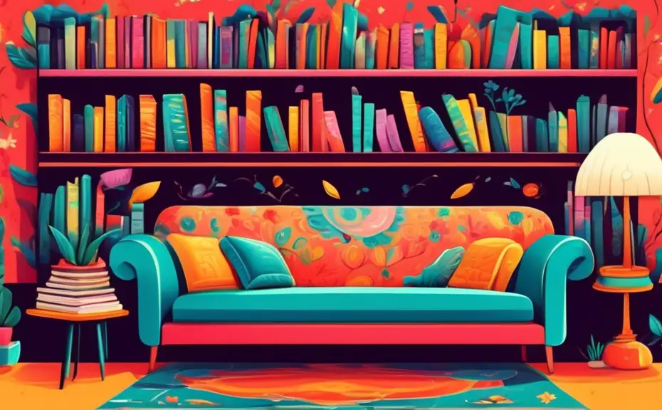 An elegantly decorated living room bursting with subtle visual puns related to interior design, featuring a sofa shaped like a 'comfort zone,' a bookshelf holding books that tilt to form a smile, and