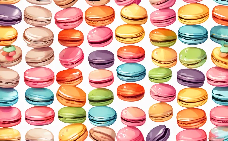 A whimsical illustration of colorful macarons with cartoon faces, each telling jokes to each other in a cozy French cafe setting.