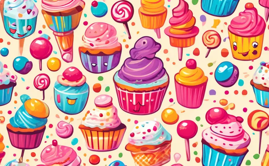 An illustrated scene of various types of smiling sugary treats like cupcakes, cookies, and candies, having a fun party with speech bubbles filled with clever sugar puns, set in a colorful candy land.