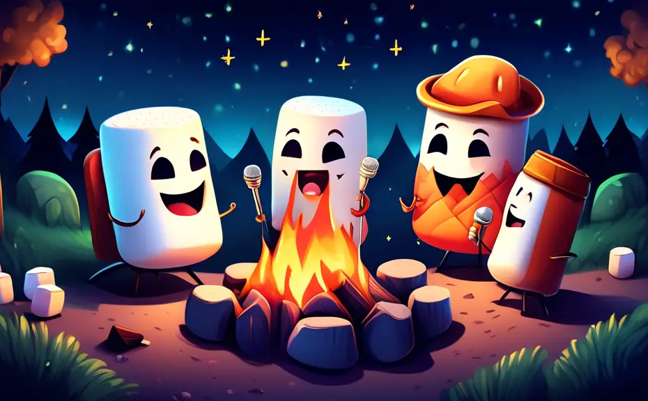 A vibrant cartoon-style scene with an outdoor campfire setting where anthropomorphic marshmallows are telling jokes and laughing around a fire, under a starry night sky. Each marshmallow has cute, exp