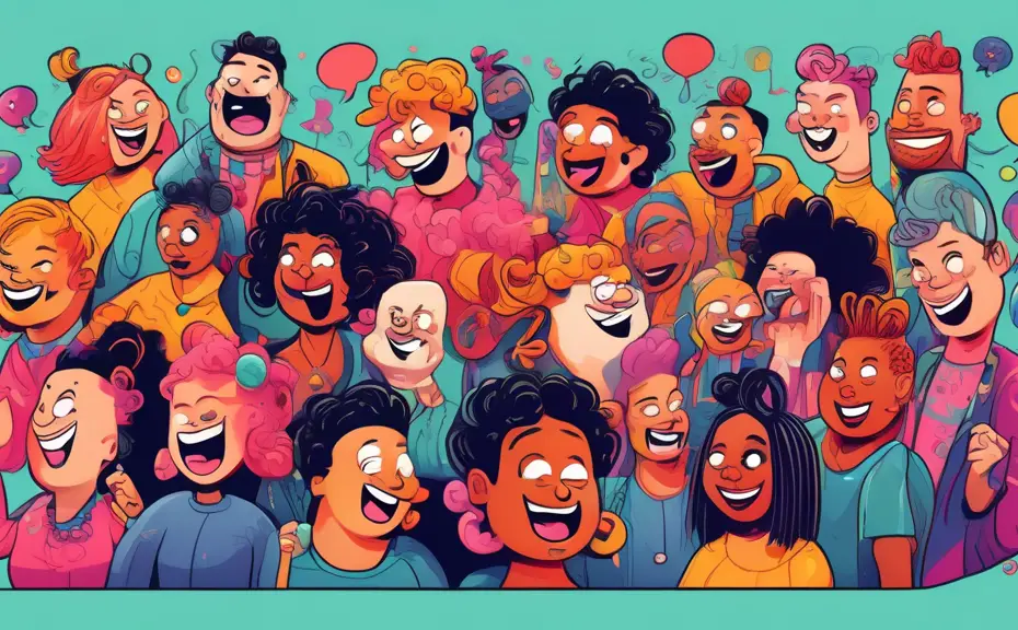 An illustration of diverse cartoon characters each with a unique hairstyle tied up in literal knots, laughing together at a comedy club, with puns displayed in speech bubbles above their heads, set in