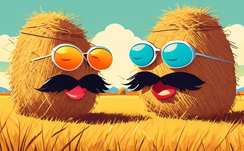 Two cartoon haystacks talking in a field, each wearing sunglasses and telling jokes to each other, with laugh bubbles containing hay puns, under a bright sunny sky.