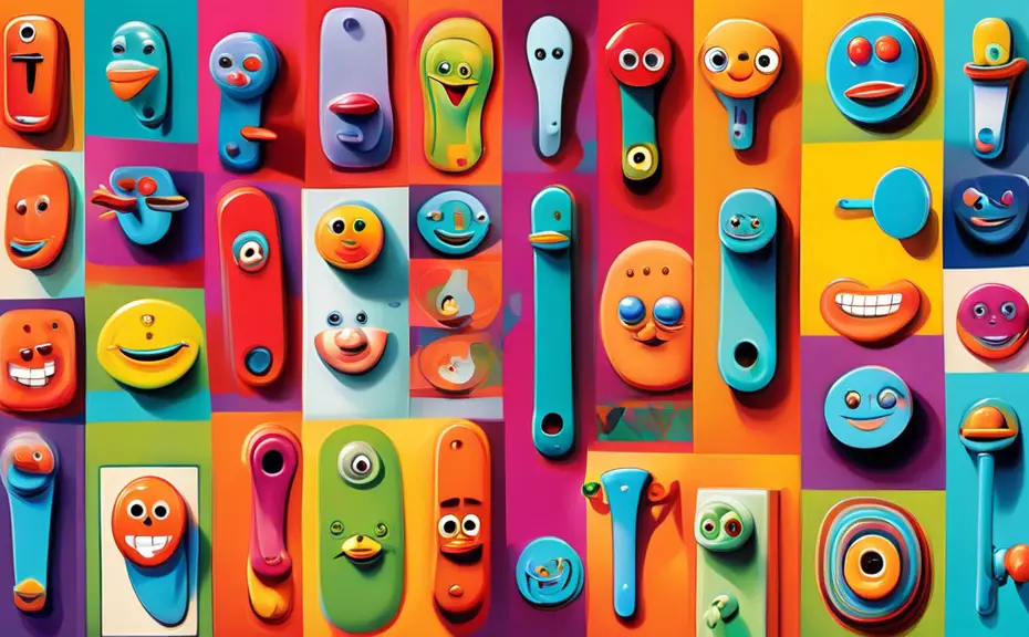 A whimsical collection of assorted door handles, each with a joyful facial expression, engaging in playful conversations filled with puns, set in a vibrant, colorful cartoon-style room.