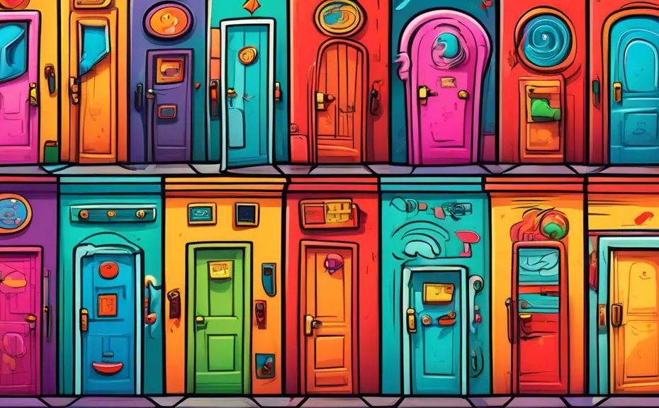 An animated scene of various doors at a comedy club, each door telling a funny pun to a laughing crowd of assorted other household furnishings like lamps and chairs, set in a colorful, cartoonish styl