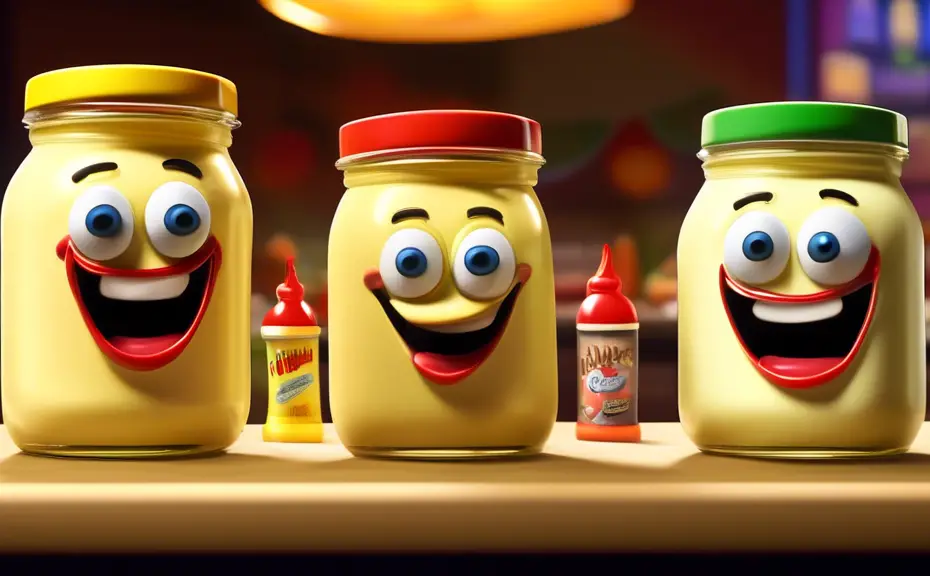 Create a whimsical, colorful kitchen scene with animated mayonnaise jars, each with cartoonish eyes and big smiles, engaging in a comedy show in front of an audience of various condiments like ketchup