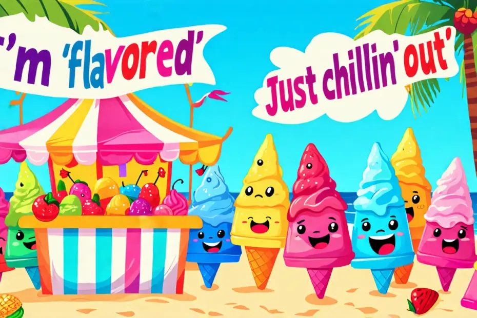 Create a vibrant and playful illustration featuring a cheerful snow cone stand surrounded by various colorful snow cones with expressive, cartoonish faces.