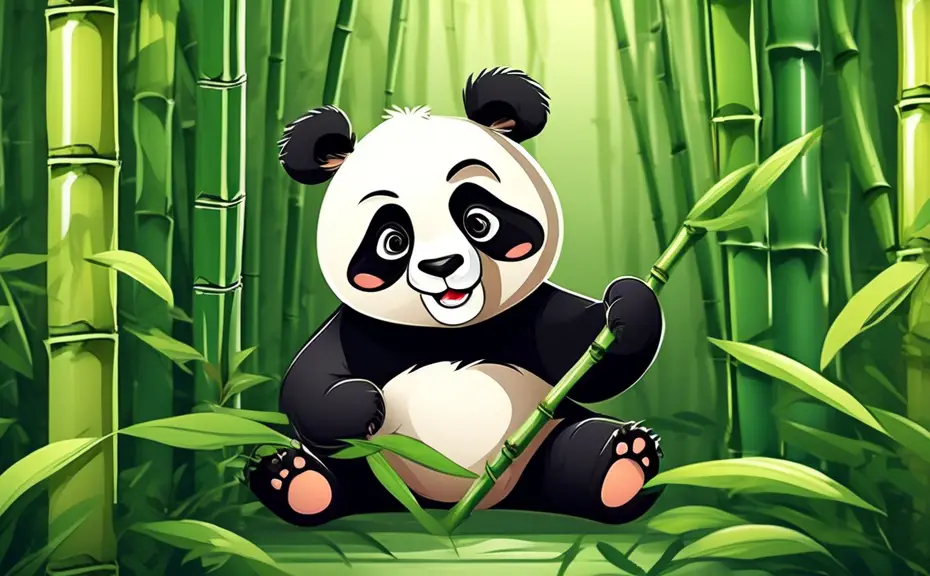Create an image of a cheerful panda sitting amidst a lush bamboo forest, holding a sign with a witty bamboo pun like Let's stick together! The surrounding