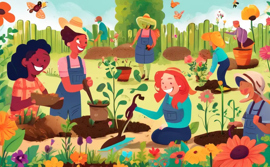 A group of people gathered in a garden, laughing and sharing dirt puns while planting flowers. Bright, colorful flowers and various gardening tools surroun
