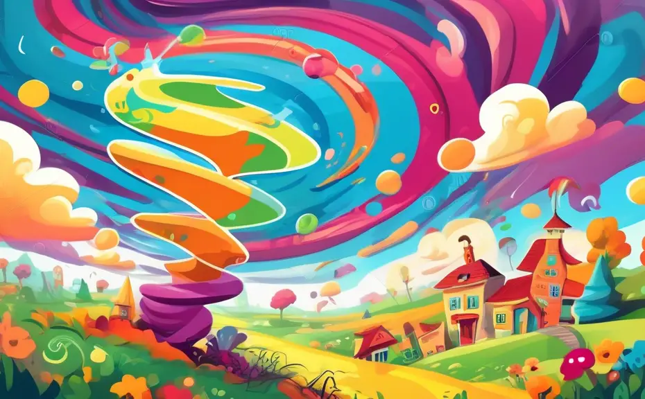 A vibrant cartoon tornado with a cheerful face, spinning through a whimsical, colorful landscape. The tornado is surrounded by floating, humorous text bubb