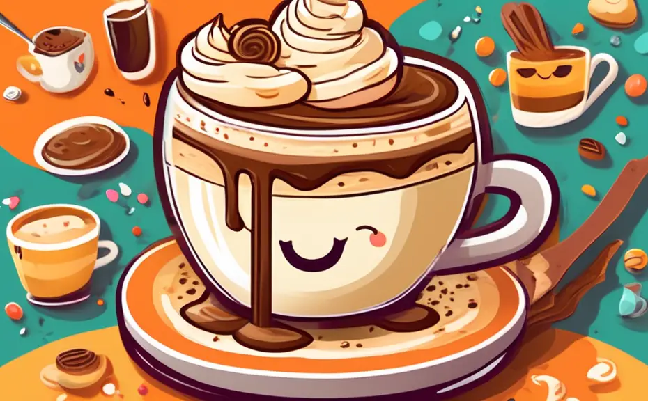 Create an illustration of a delicious tiramisu dessert with playful, animated elements around it. Each element holds a pun related to tiramisu, such as a s