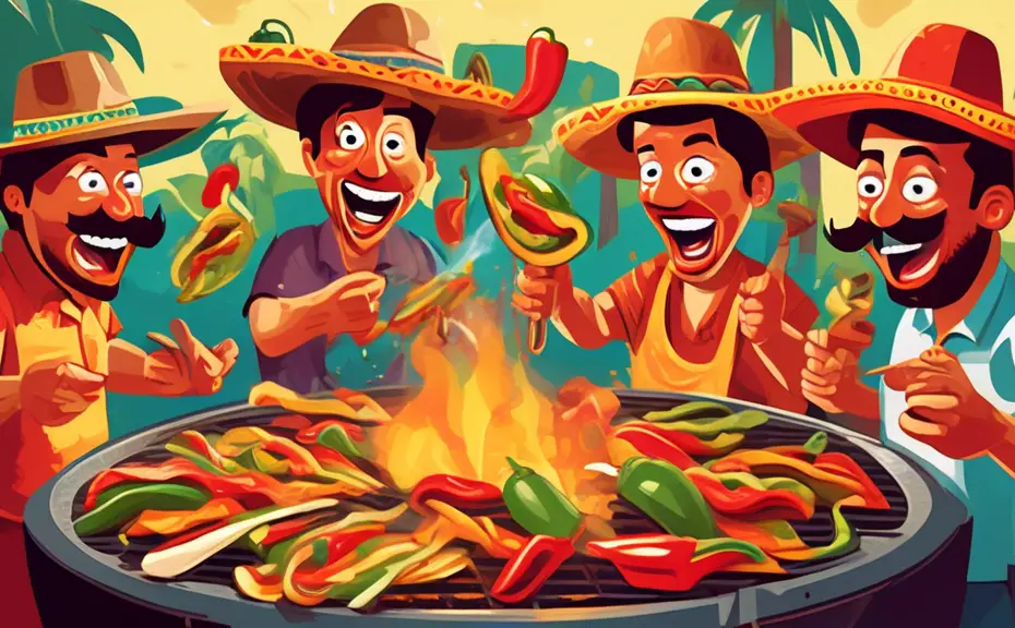 A whimsical illustration of a lively fajita party, with a variety of colorful sizzling fajitas on a comically oversized grill. The fajitas have funny faces