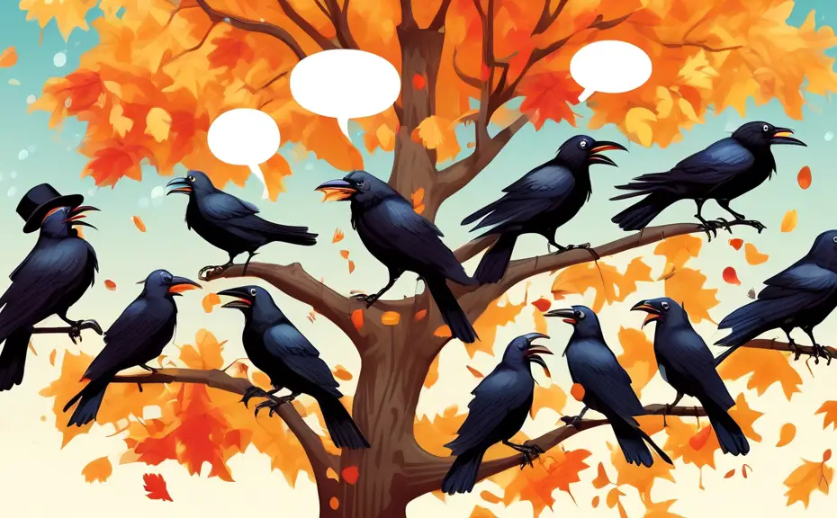 A flock of crows perched on a tree, each wearing small accessories like reading glasses, hats, and bow ties, holding speech bubbles with clever crow puns s