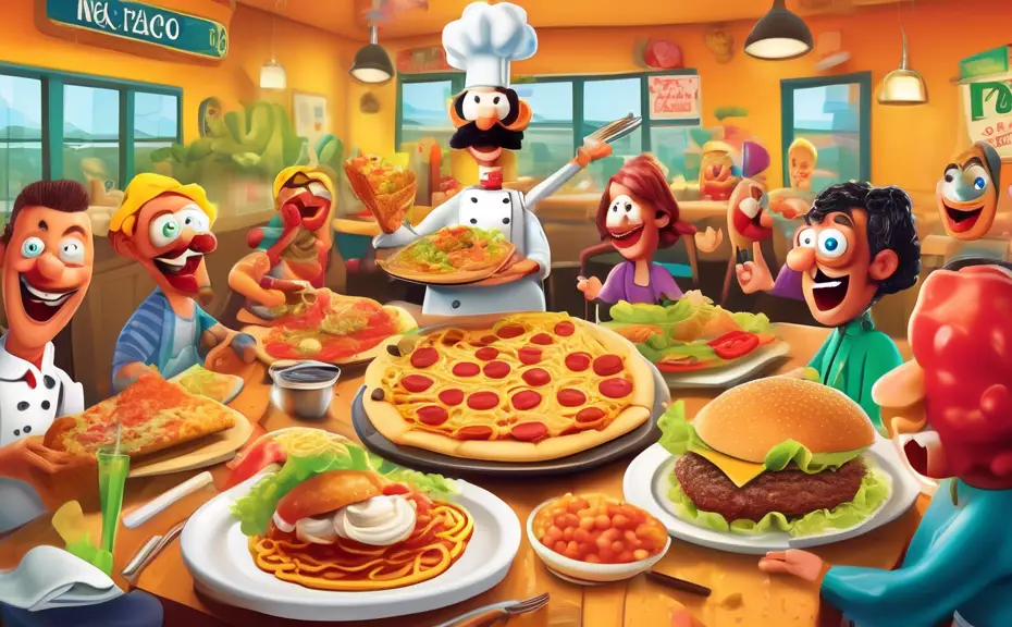 Create an image that features a whimsical and colorful restaurant scene filled with cartoonish food items engaged in humorous activities. Include a pizza s