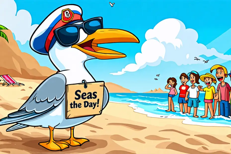 Create an illustration of a cheerful seagull wearing a sailor hat and sunglasses, standing on a beach with a sign that reads 'Seas the Day!' while laughing