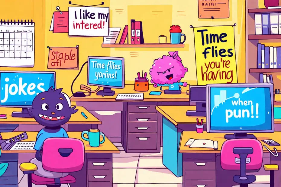 Create a whimsical office scene featuring a group of cartoon characters at their desks, surrounded by humorous office puns displayed on signs and computer