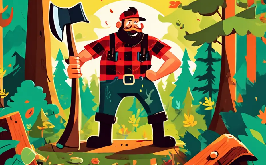 Create an illustration of a cartoon lumberjack standing in a vibrant forest, playfully swinging a cartoonishly oversized axe. Surround him with various hum