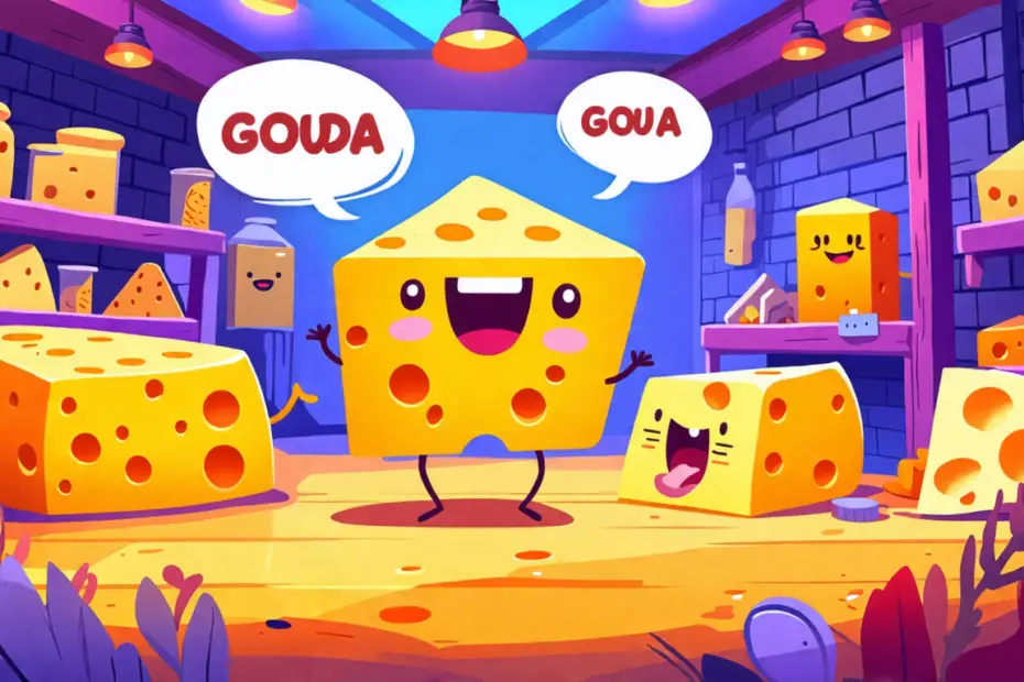 An imaginative and playful scene featuring various animated cheeses, with Gouda cheese personified as a cheerful character making pun-filled jokes. The bac