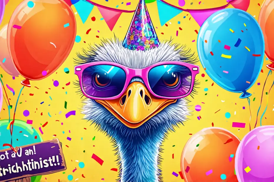 Create an illustration of a comical ostrich wearing oversized sunglasses and a party hat, surrounded by colorful balloons and confetti. The ostrich should