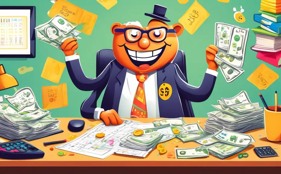 Create a whimsical and colorful illustration featuring a cheerful accountant at a desk, surrounded by playful accounting-related puns. Include elements lik