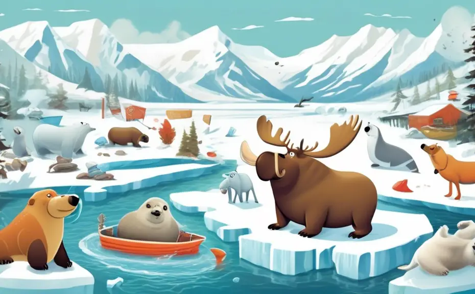 Create an illustration featuring a whimsical landscape of Alaska with playful cartoon animals engaging in punny activities. Include a moose wearing a sign