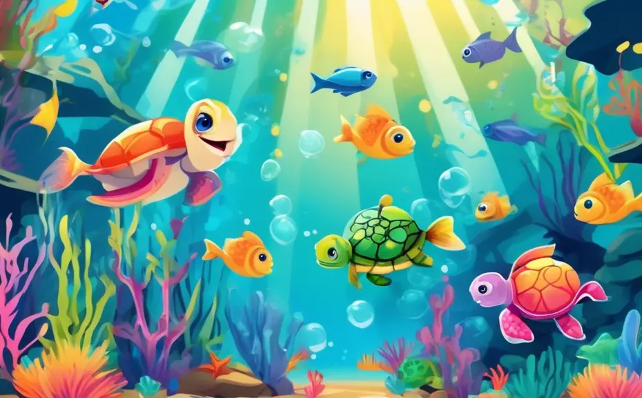 Create a whimsical cartoon scene inside an underwater aquarium, featuring colorful fish, turtles, and plants. Include playful puns displayed on signs, such