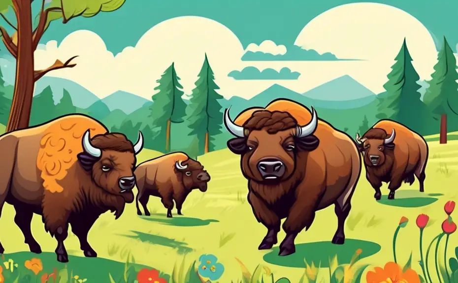 Create a whimsical cartoon scene featuring a group of bison in a grassy meadow, each sharing funny puns related to bison and nature. Include speech bubbles