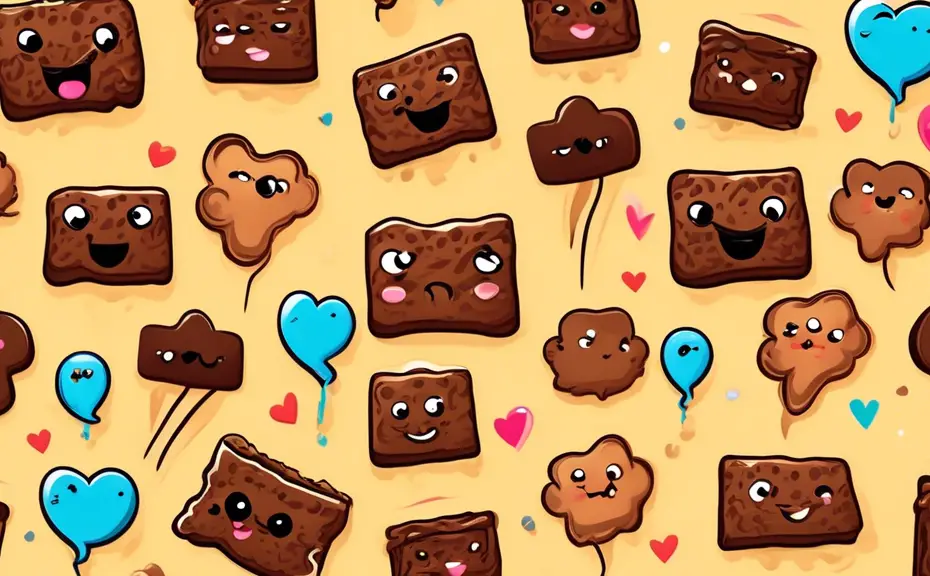 Create a whimsical and colorful illustration featuring various playful brownie puns, such as 'Brownie Points' and 'Choco-lot of Love,' represented by brown