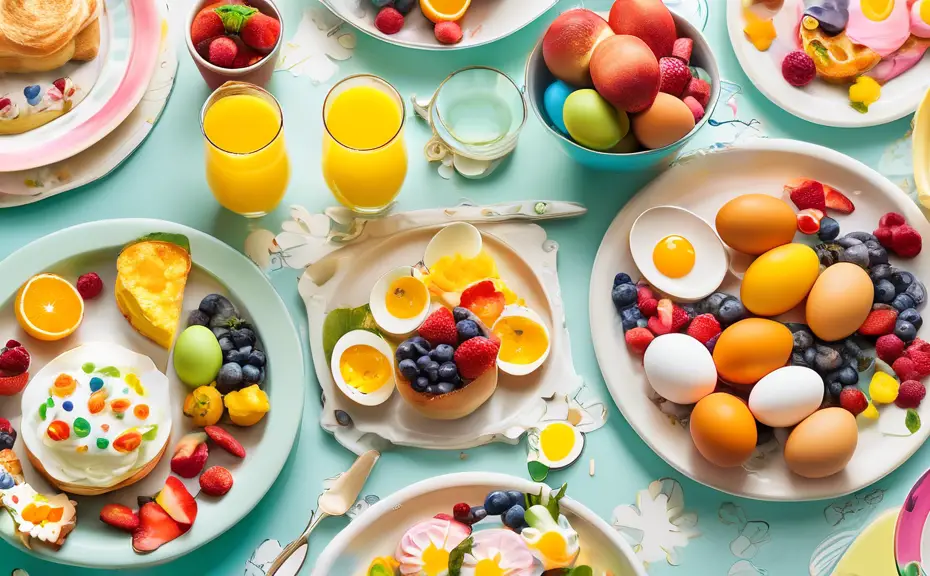 Create a vibrant and cheerful brunch scene featuring a beautiful table set with delicious egg dishes, colorful fruits, and pastries. Include playful puns w