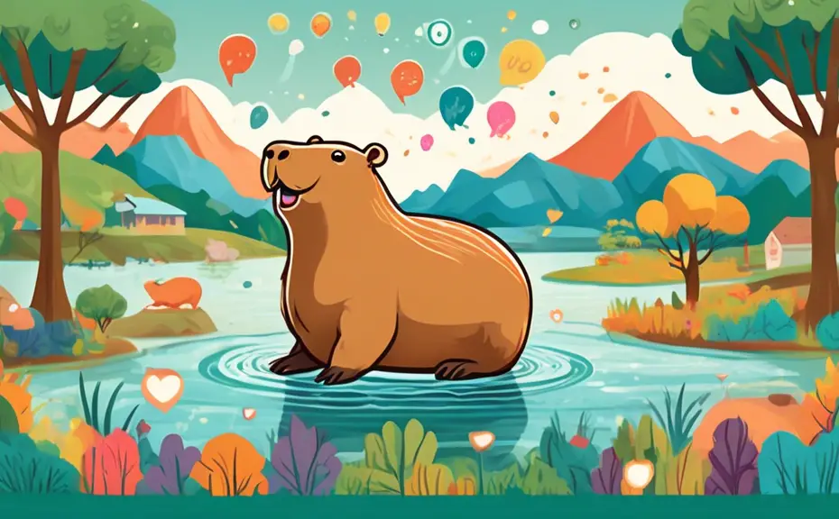 Create a whimsical and colorful illustration featuring a capybara surrounded by playful text bubbles filled with puns related to capybaras. The capybara sh