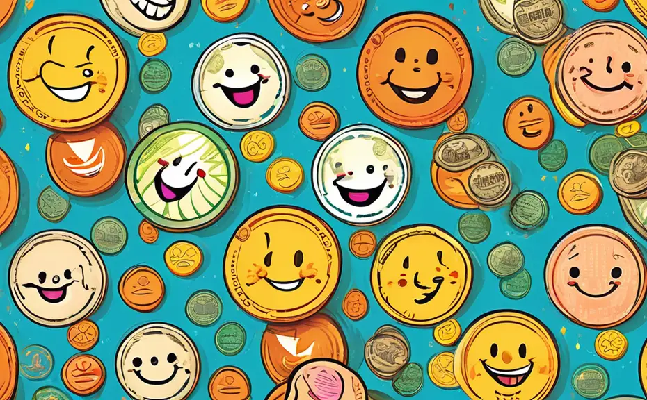 Create a colorful and whimsical illustration featuring various coins with playful facial expressions and personalities, each coin showcasing a unique pun r