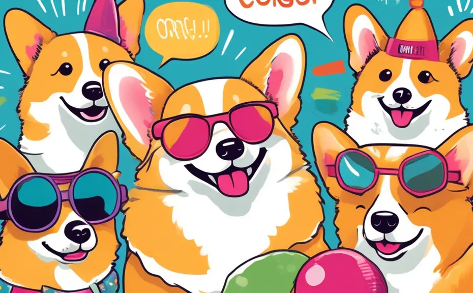 Create a humorous illustration featuring a group of playful corgis engaging in various pun-inspired activities. Include corgis wearing funny accessories li