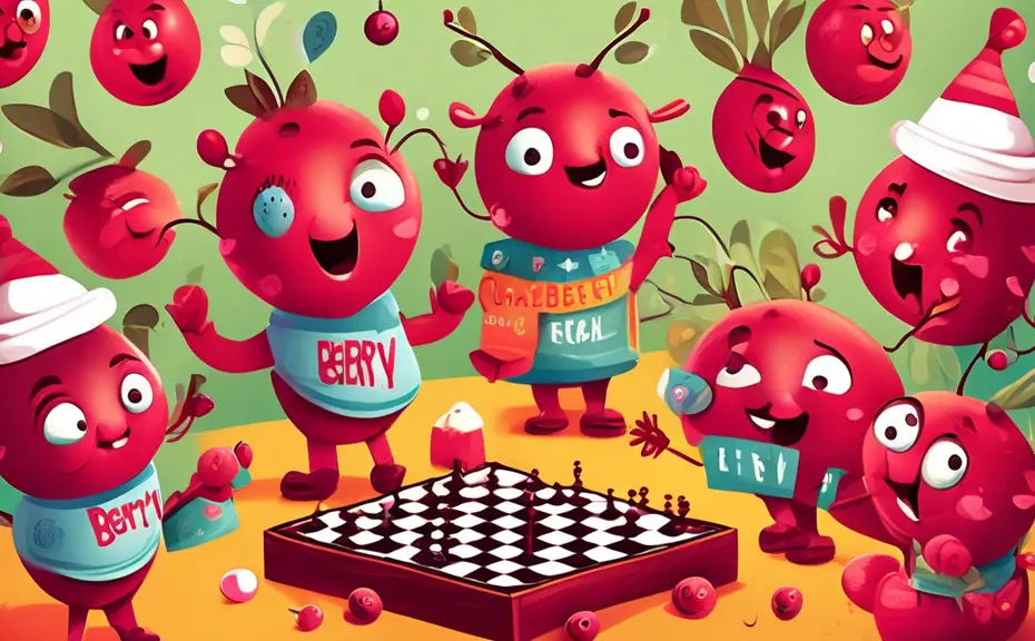 Create a whimsical illustration featuring a variety of cranberries engaging in humorous activities and situations. Include playful cranberry characters wit