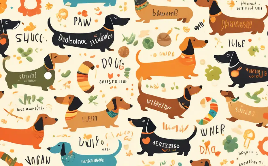 Create a whimsical illustration of a cheerful dachshund surrounded by playful puns related to dogs and wieners, such as 'Paw-sitively adorable' and 'Wiener