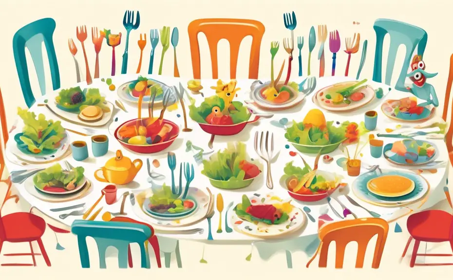 Create a whimsical illustration of a dining table set with a variety of playful, anthropomorphic forks engaging in humorous activities. Some forks are tell