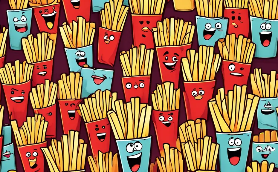 Create a whimsical illustration featuring a variety of cartoonish French fries with facial expressions, each holding a sign displaying different puns about