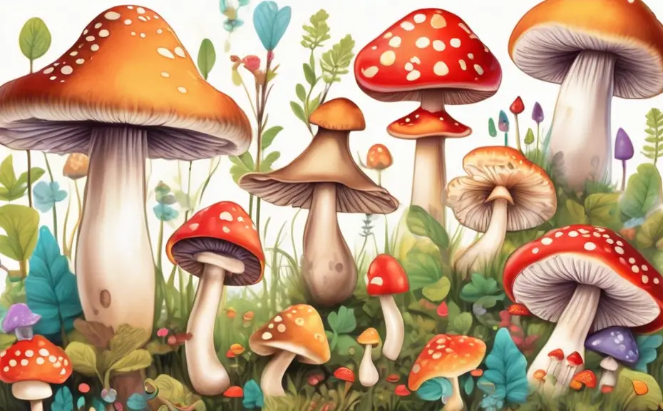 Create a whimsical illustration featuring a variety of animated mushrooms and fungi with cheerful expressions, each displaying a funny pun related to their