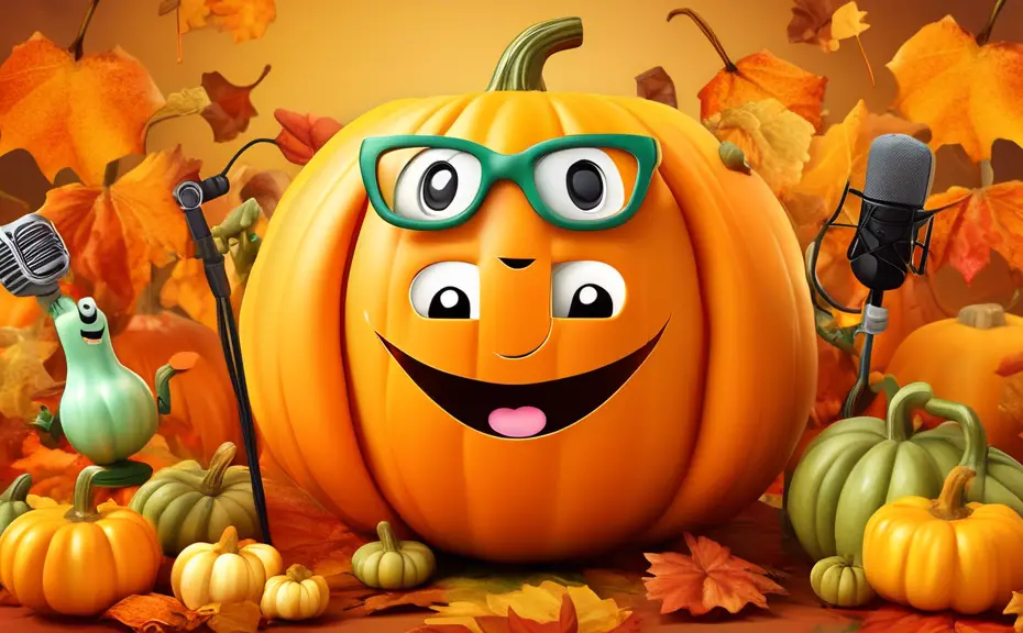 Create an image of a whimsical pumpkin character with a big smile, wearing glasses and holding a comedy microphone, surrounded by various other funny-looki