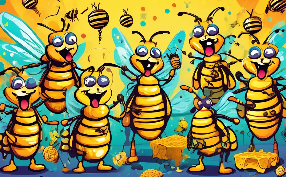 Create a whimsical and colorful illustration featuring a group of cartoon hornets dressed as comedians. They are performing on a stage with a microphone, s