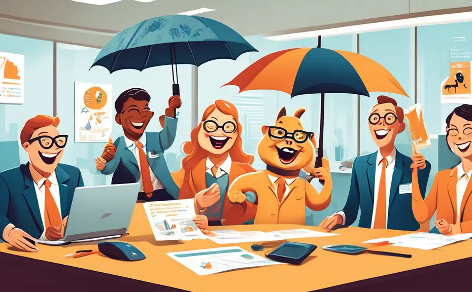 Create a playful illustration featuring various insurance agents laughing and sharing puns in an office setting. Include humorous visual pun elements like