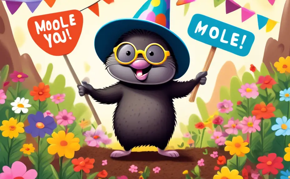 Create a whimsical illustration featuring a cartoon mole wearing glasses and a party hat, standing on a mound of dirt surrounded by colorful flowers. The m