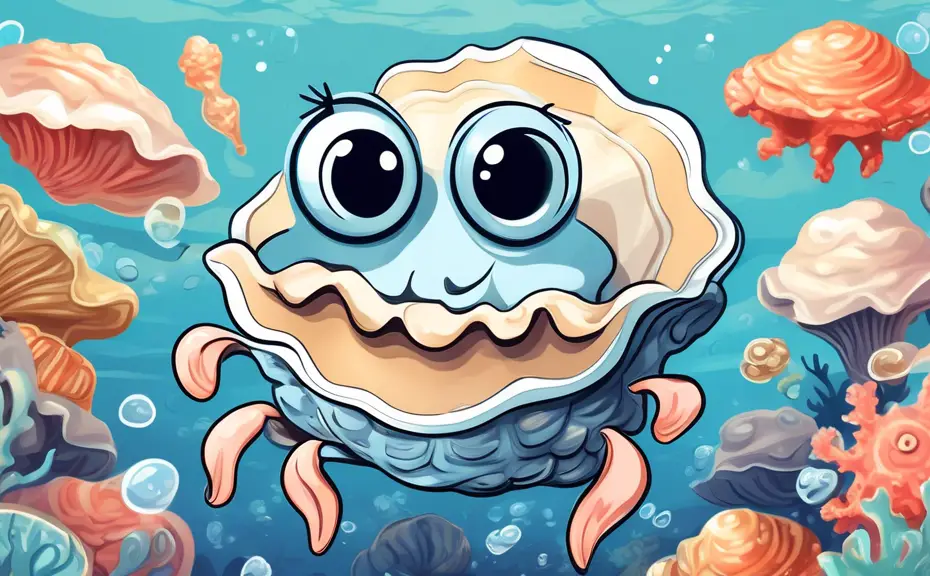 Create a whimsical illustration featuring a cartoon oyster with big, expressive eyes and a wide grin, surrounded by various humorous speech bubbles contain