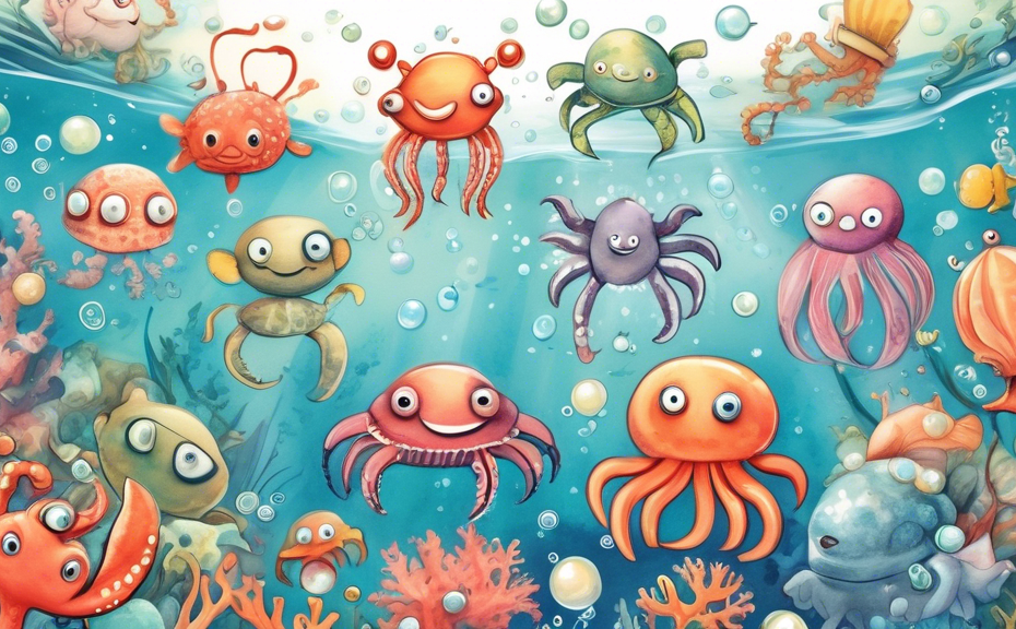 Create a whimsical illustration featuring a quirky underwater scene where various sea creatures are sharing pearl-themed puns. Include a smiling octopus we